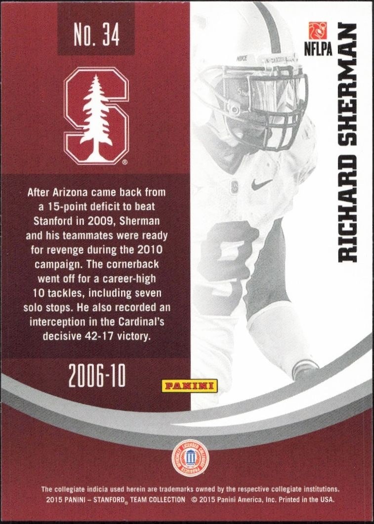 2015 Panini Stanford Cardinal Team Collection Richard Sherman #34 football trading card back