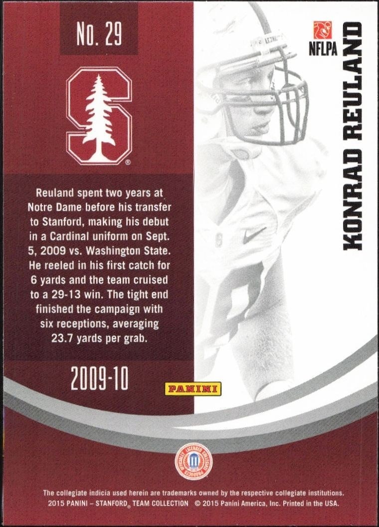 2015 Panini Stanford Cardinal Team Collection Konrad Reuland #29 football trading card back