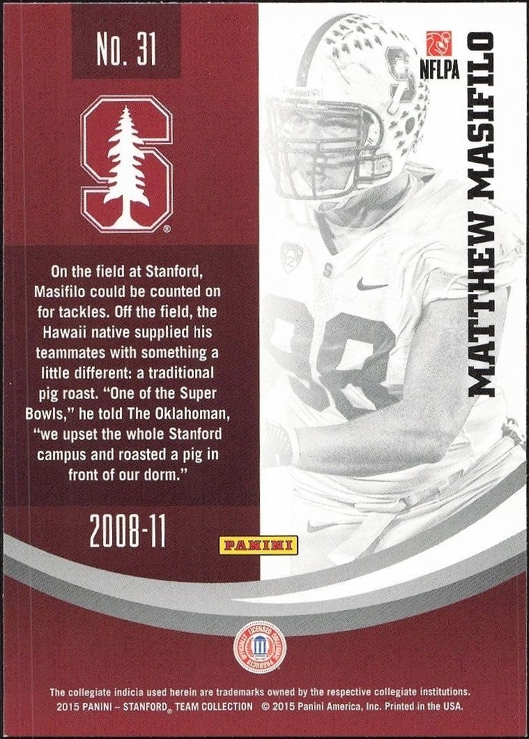 2015 Panini Stanford Cardinal Team Collection Matthew Masifilo #31 football trading card back