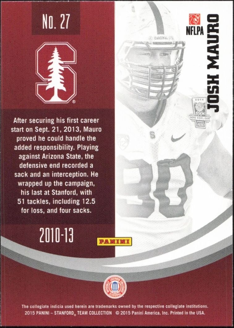 2015 Panini Stanford Cardinal Team Collection Josh Mauro #27 football trading card back
