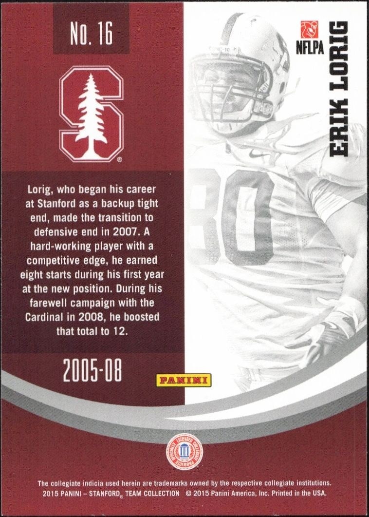 2015 Panini Stanford Cardinal Team Collection Erik Lorig #16 football trading card back