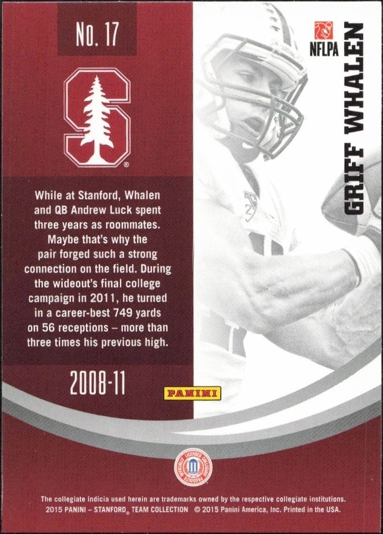2015 Panini Stanford Cardinal Team Collection Griff Whalen #17 football trading card back