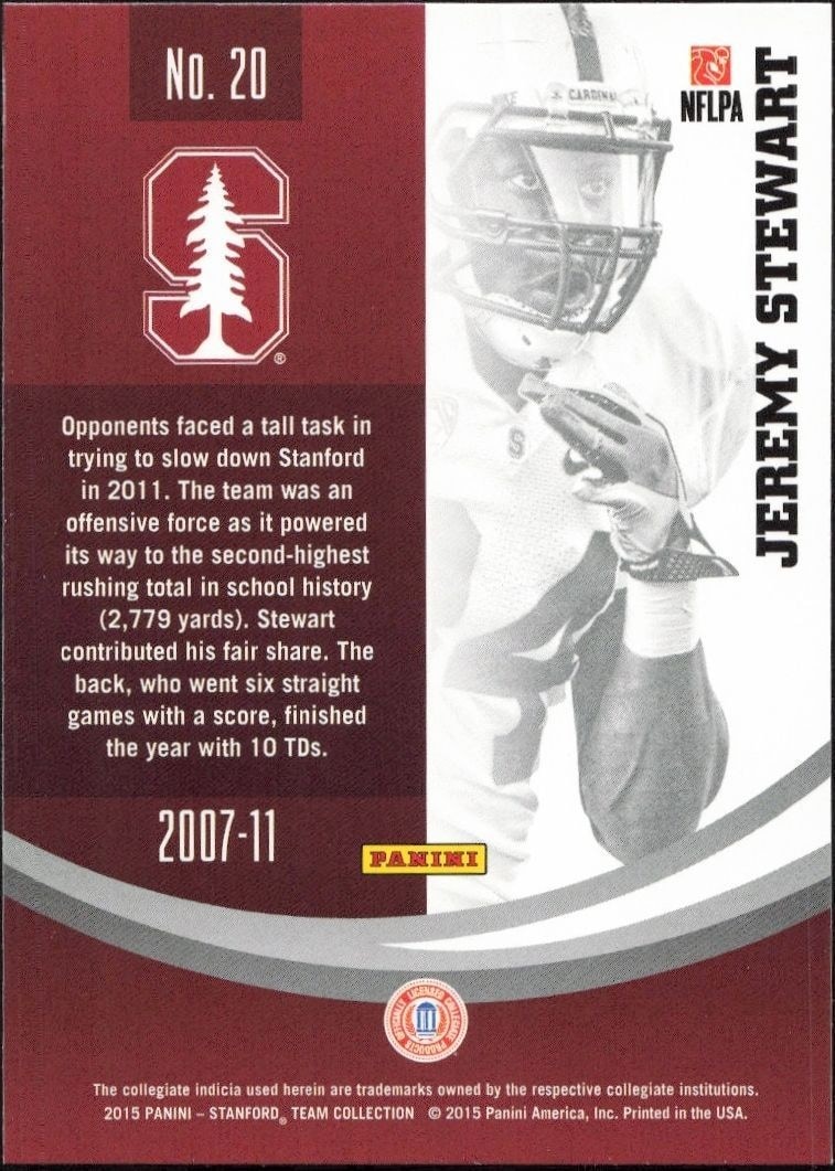 2015 Panini Stanford Cardinal Team Collection Jeremy Stewart #20 football trading card back