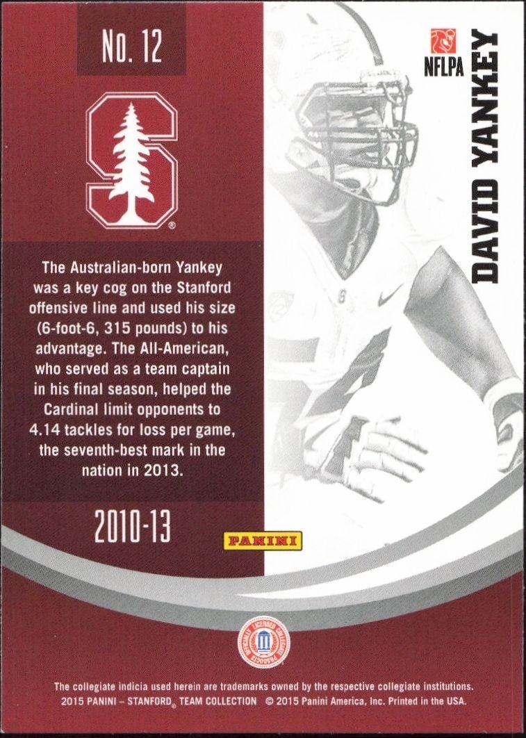 2015 Panini Stanford Cardinal Team Collection David Yankey #12 football trading card back