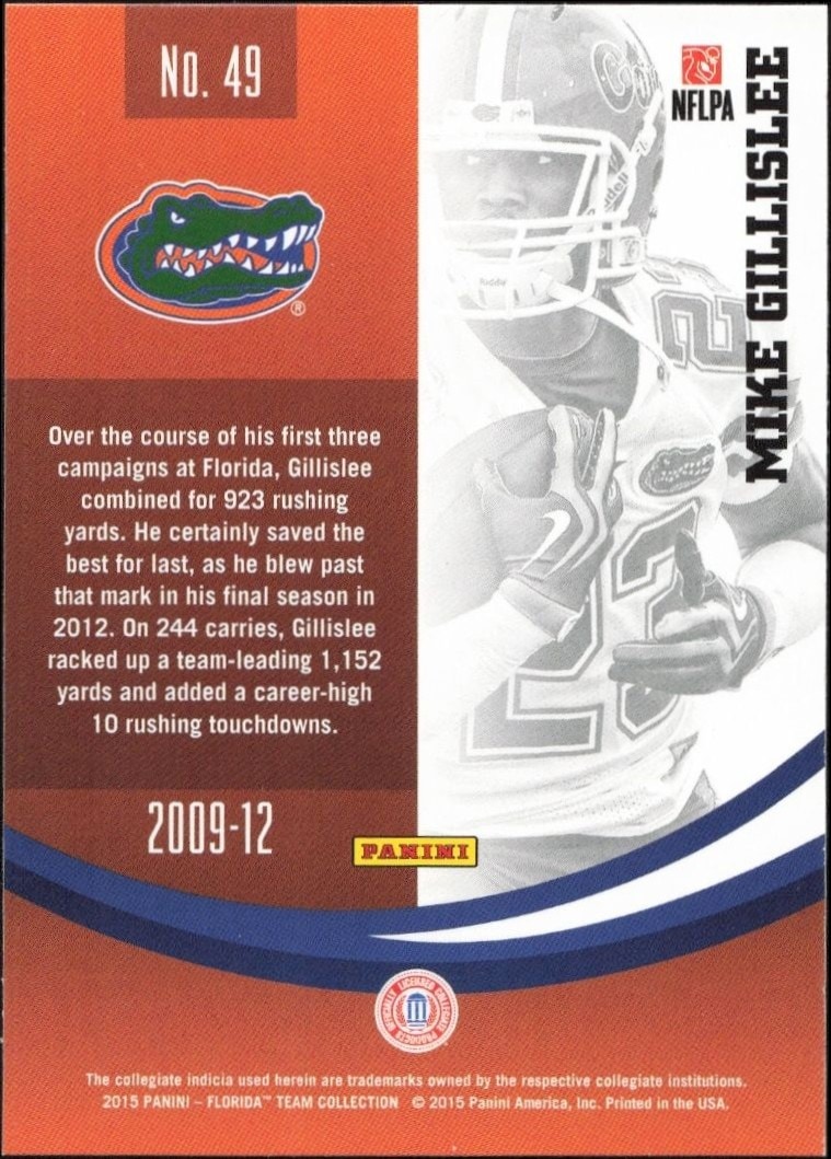 2015 Panini Florida Team Collection Mike Gillislee #49 football trading card back