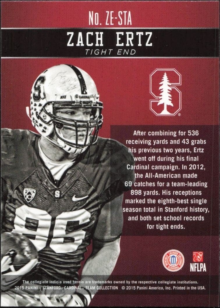 2015 Panini Stanford Cardinal Team Collection Zach Ertz #ZE-STA football trading card back