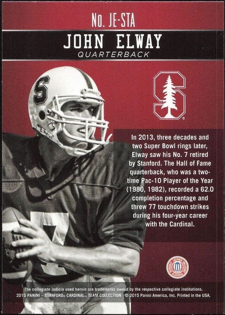 2015 Panini Stanford Cardinal Team Collection John Elway #JE-STA football trading card back