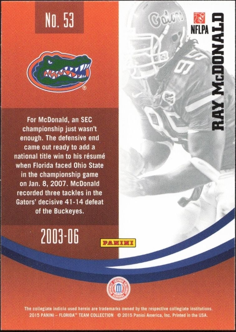 2015 Panini Florida Team Collection Ray McDonald #53 football trading card back