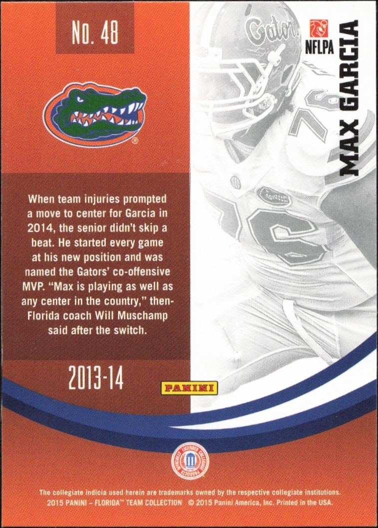 2015 Panini Florida Team Collection Max Garcia #48 football trading card back