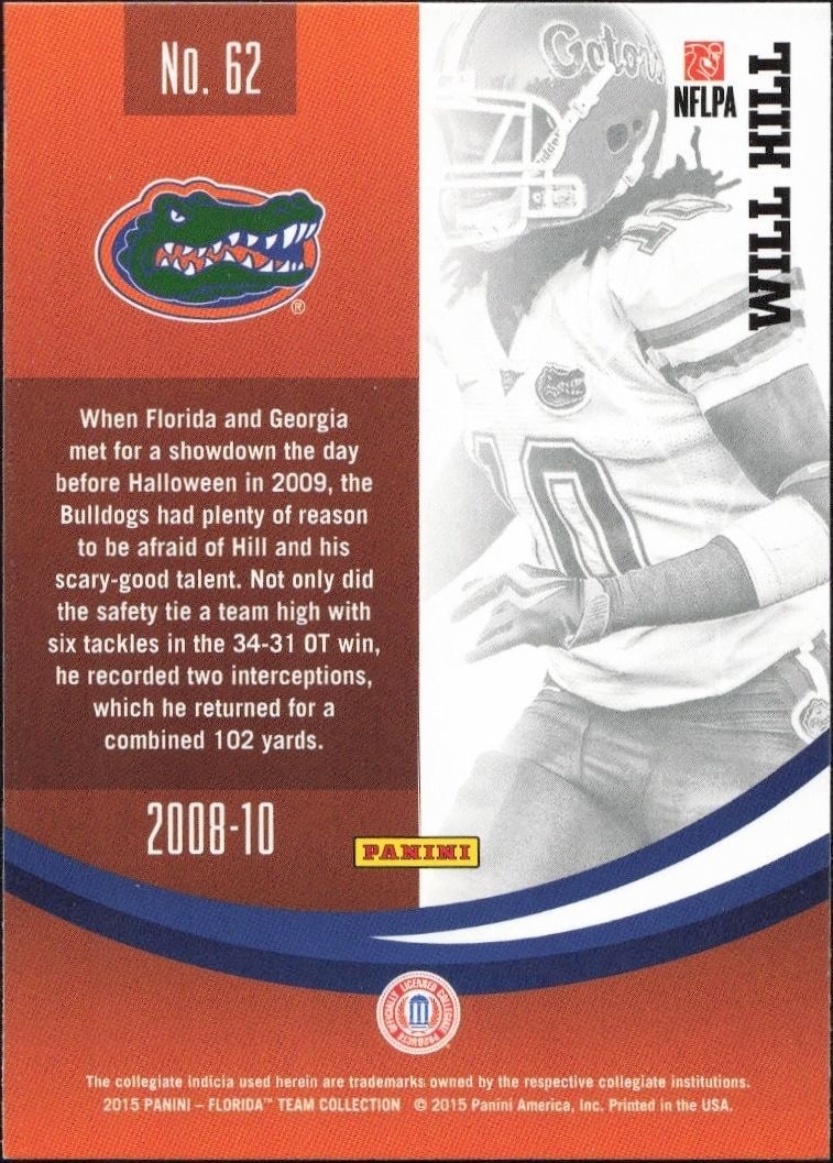 2015 Panini Florida Team Collection Will Hill #62 football trading card back
