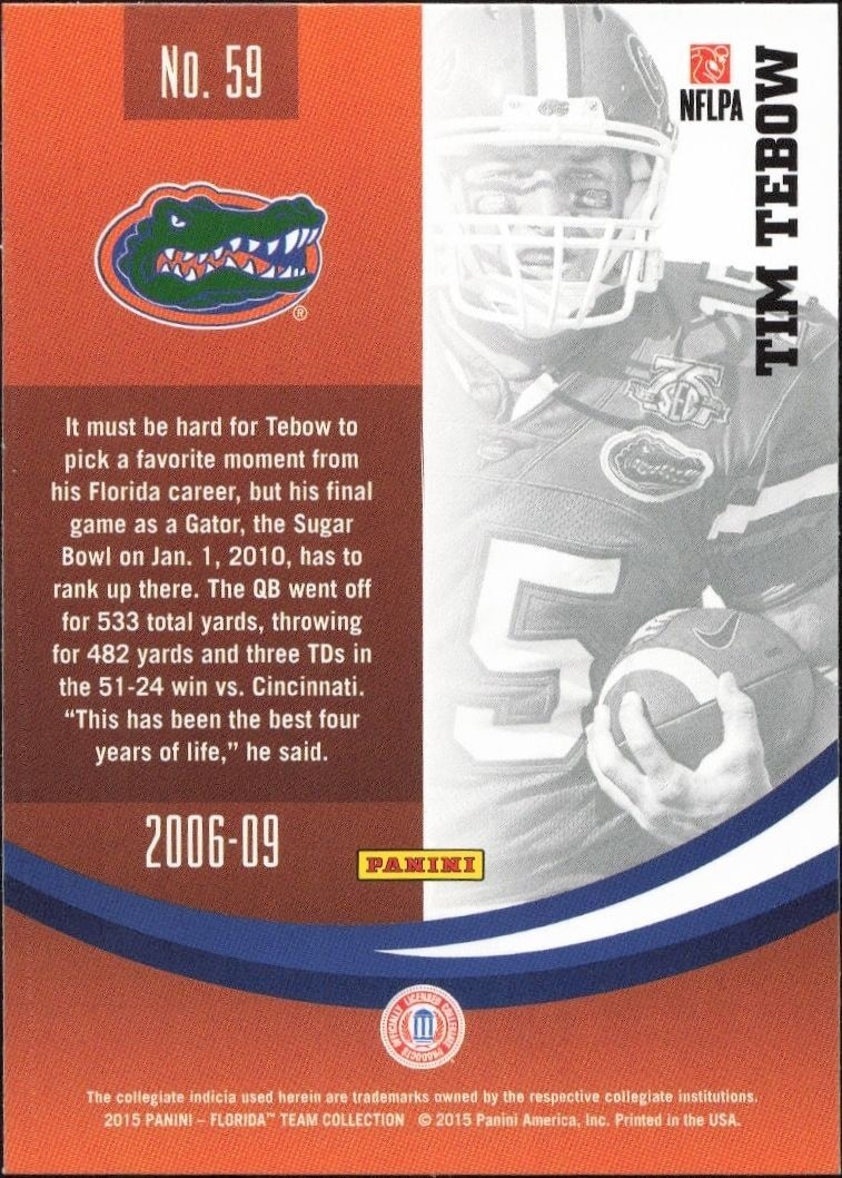 2015 Panini Florida Team Collection Tim Tebow #59 football trading card back