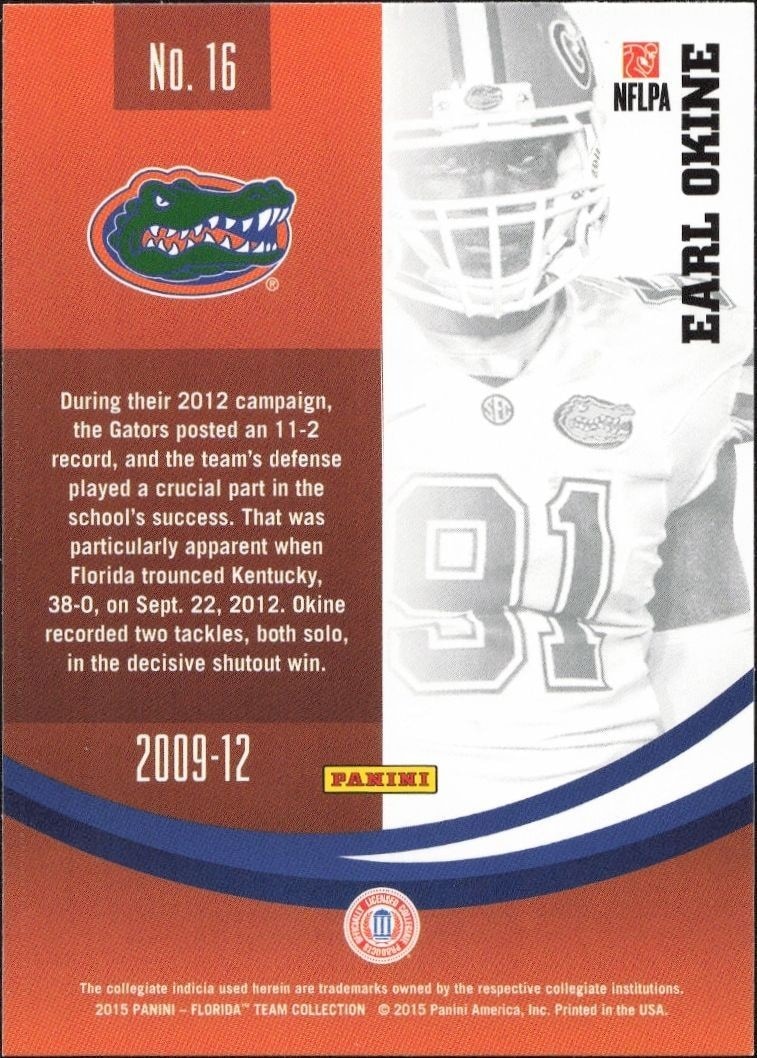 2015 Panini Florida Team Collection Earl Okine #16 football trading card back