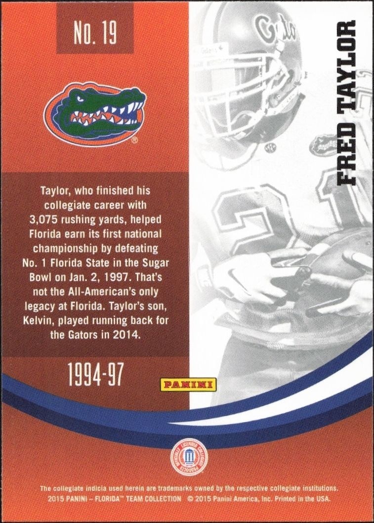 2015 Panini Florida Team Collection Fred Taylor #19 football trading card back