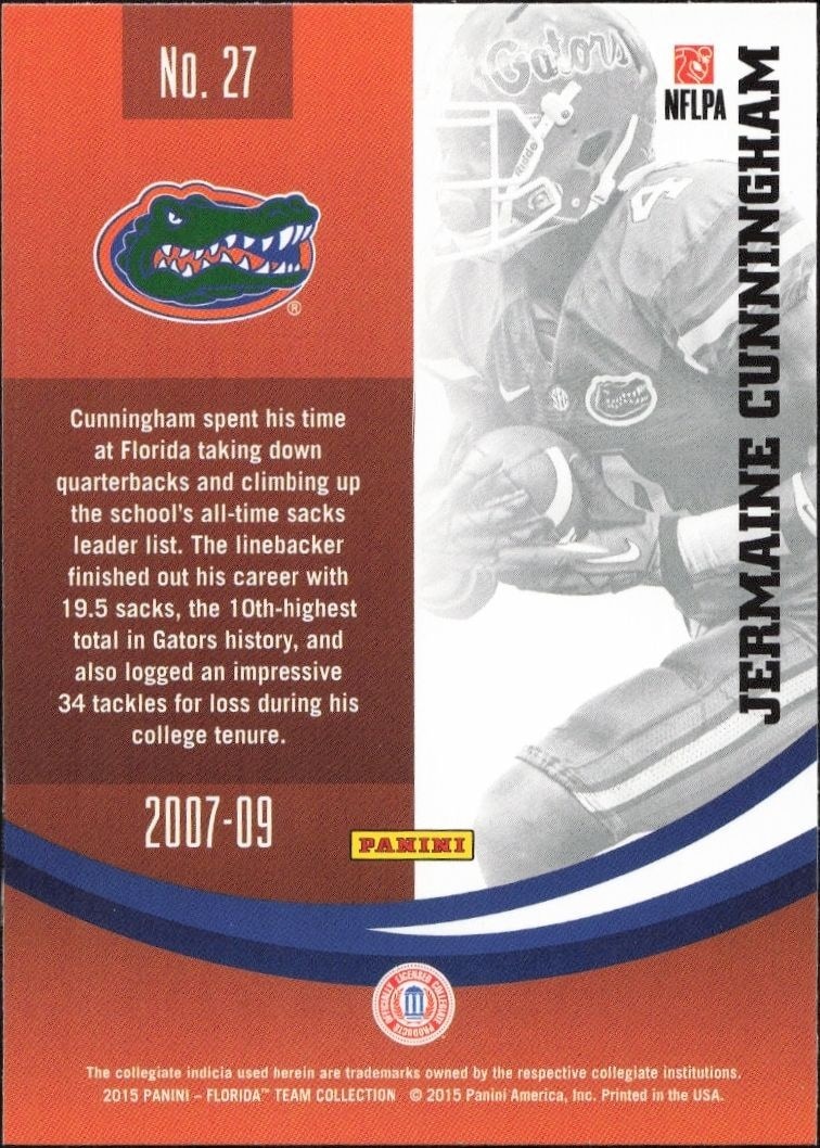 2015 Panini Florida Team Collection Jermaine Cunningham #27 football trading card back