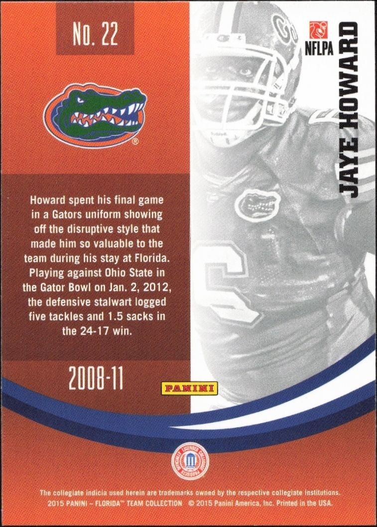 2015 Panini Florida Team Collection Jaye Howard #22 football trading card back