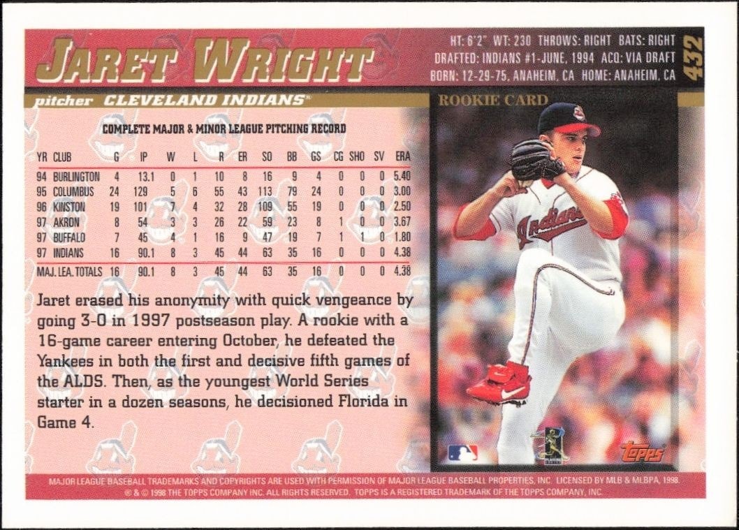 1998 Topps Jaret Wright #432 baseball trading card back