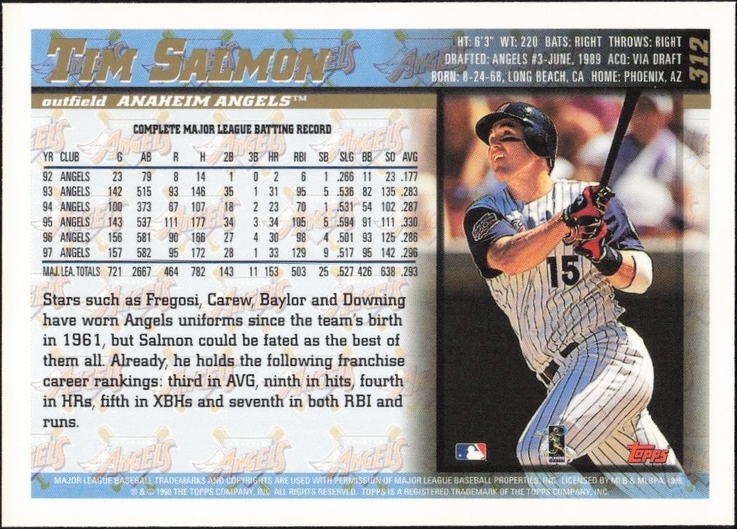 1998 Topps Tim Salmon #312 baseball trading card back