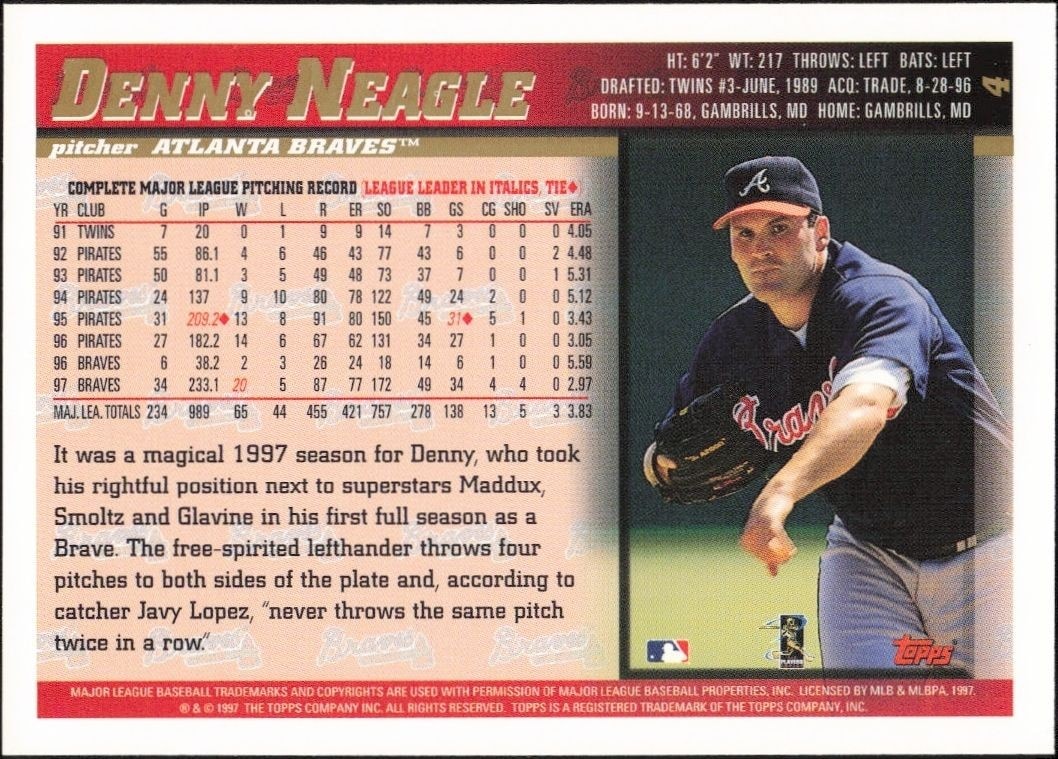 1998 Topps Denny Neagle #4 baseball trading card back