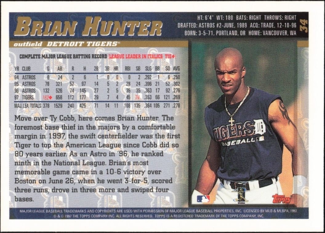 1998 Topps Brian Hunter #34 baseball trading card back
