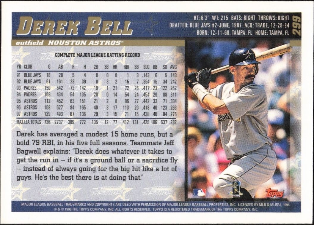 1998 Topps Derek Bell #299 baseball trading card back