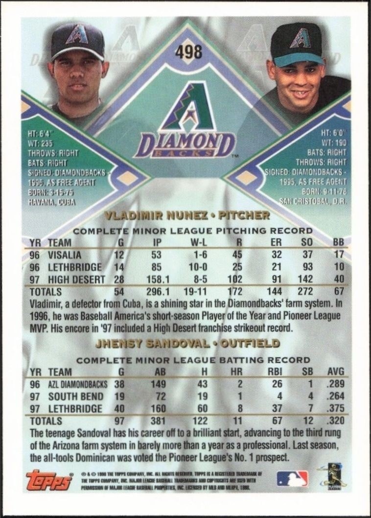 1998 Topps Vladimir Nunez #498 baseball trading card back