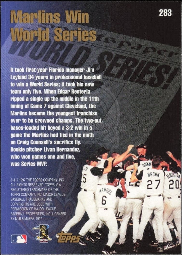 1998 Topps Marlins Win World Series #283 baseball trading card back