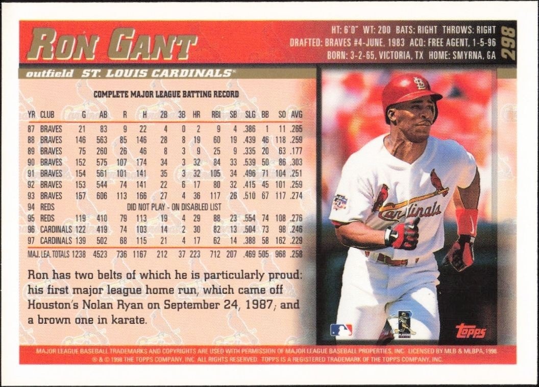1998 Topps Ron Gant #298 baseball trading card back