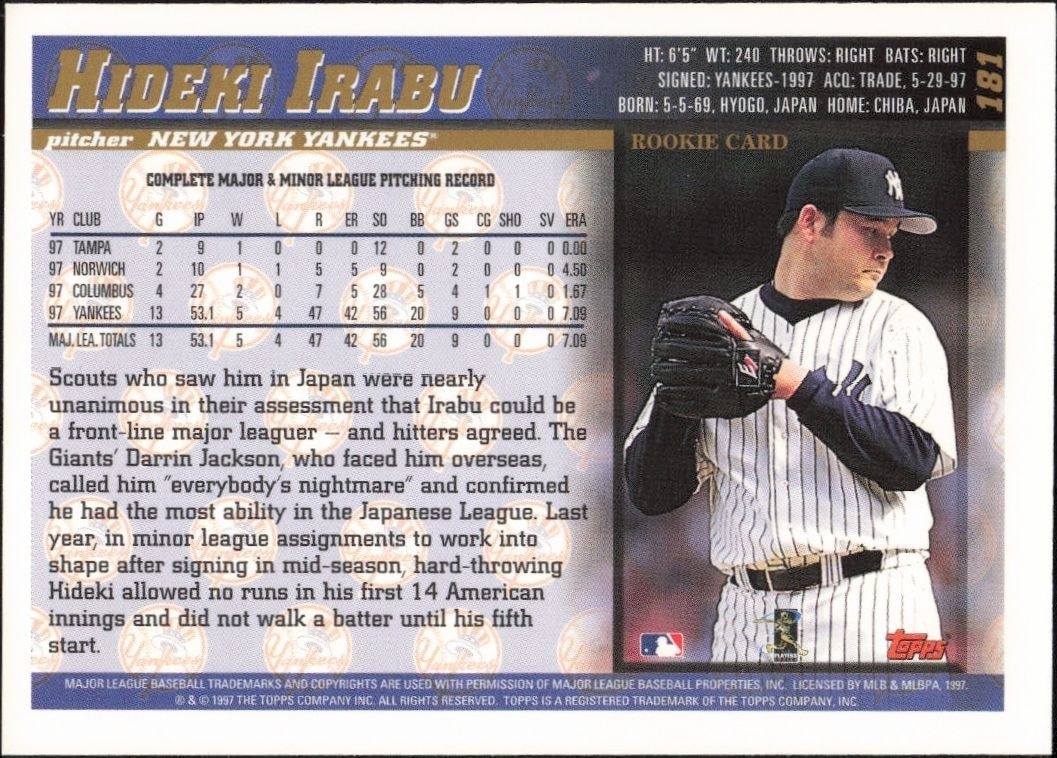 1998 Topps Hideki Irabu #181 baseball trading card back