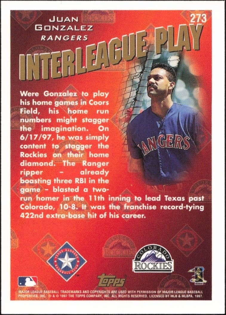 1998 Topps Juan Gonzalez #273 baseball trading card back