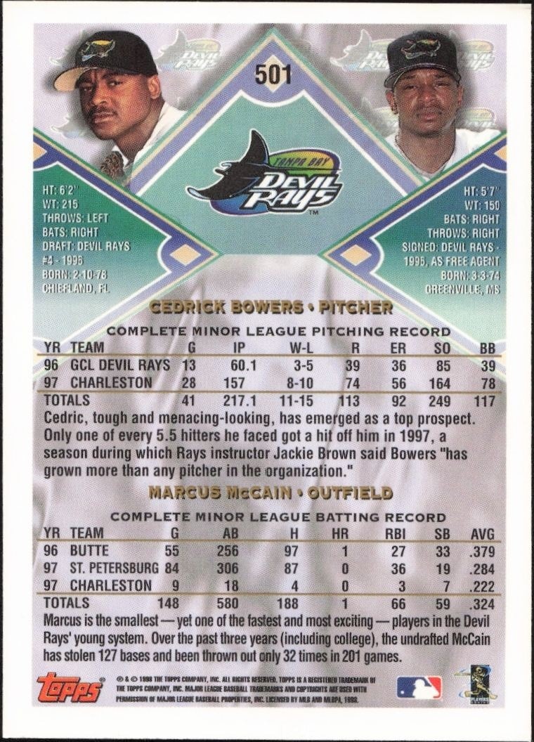 1998 Topps Cedrick Bowers #501 baseball trading card back