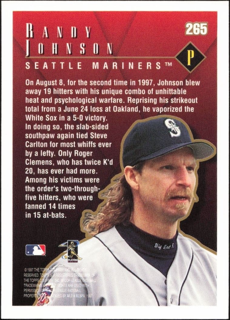 1998 Topps Randy Johnson #265 baseball trading card back