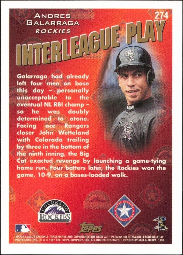 1998 Topps Andres Galarraga #274 baseball trading card back