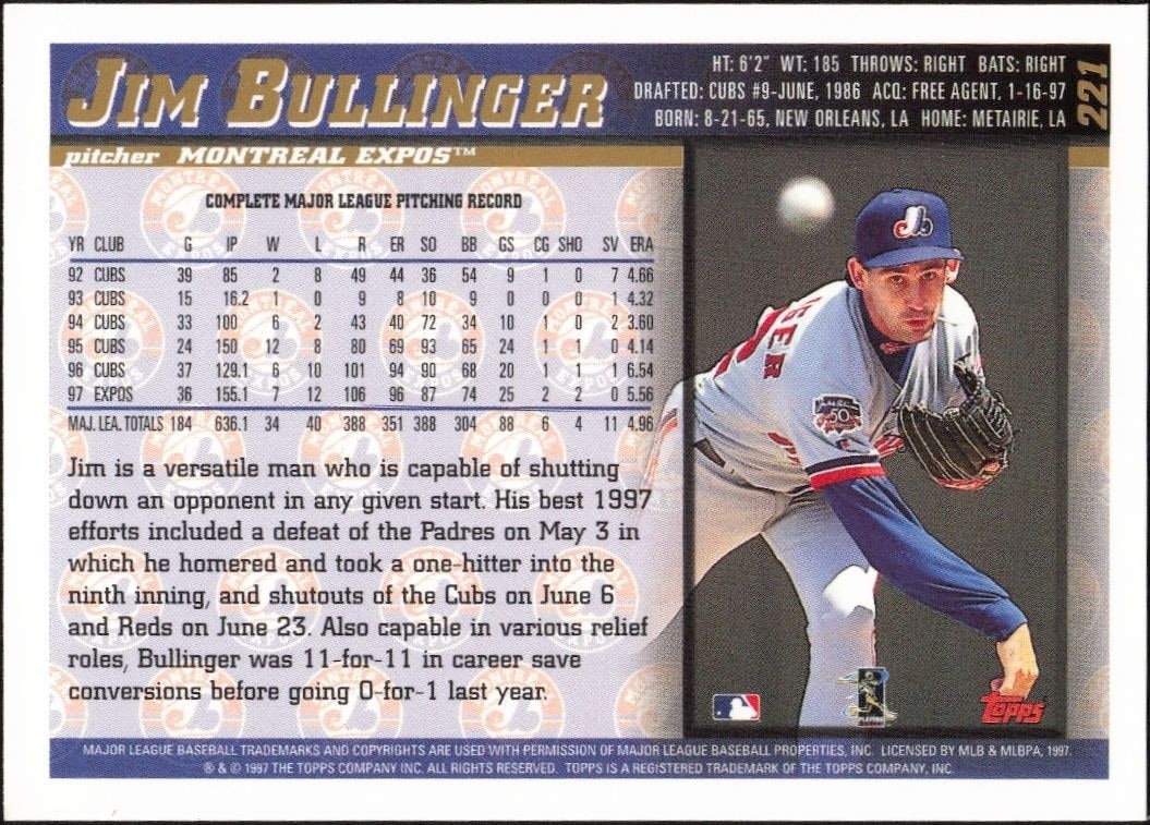 1998 Topps Jim Bullinger #221 baseball trading card back