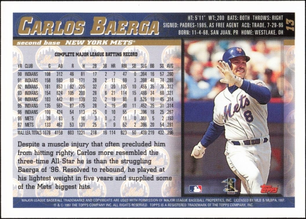 1998 Topps Carlos Baerga #13 baseball trading card back