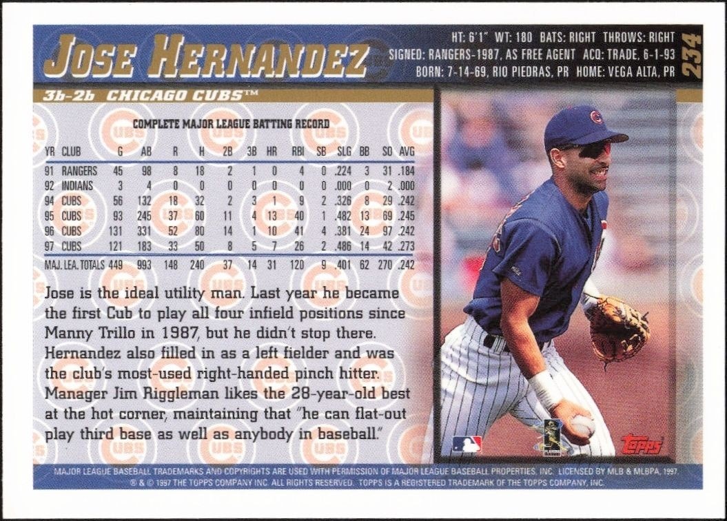 1998 Topps Jose Hernandez #234 baseball trading card back