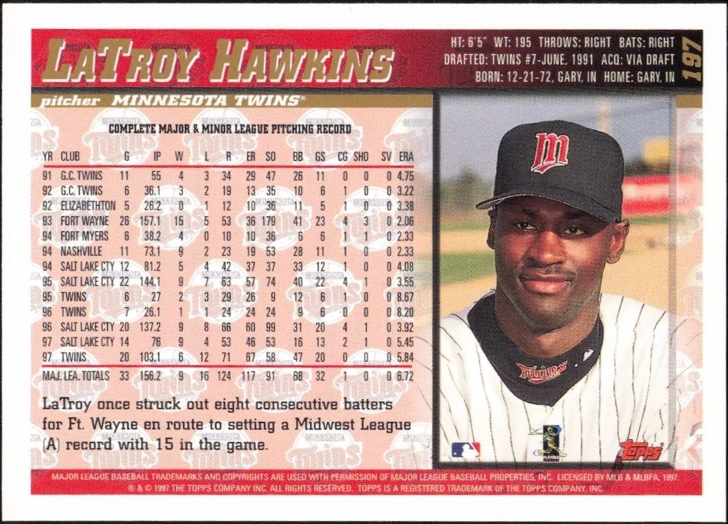 1998 Topps LaTroy Hawkins #197 baseball trading card back