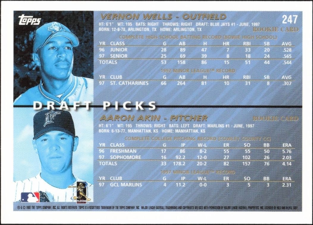 1998 Topps Vernon Wells #247 baseball trading card back