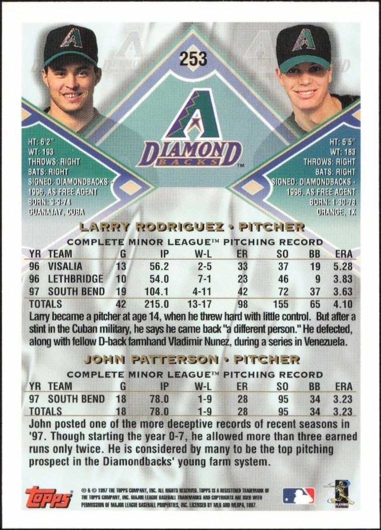 1998 Topps Larry Rodriguez #253 baseball trading card back
