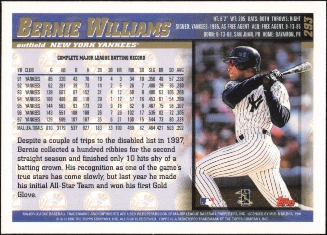 1998 Topps Bernie Williams #293 baseball trading card back