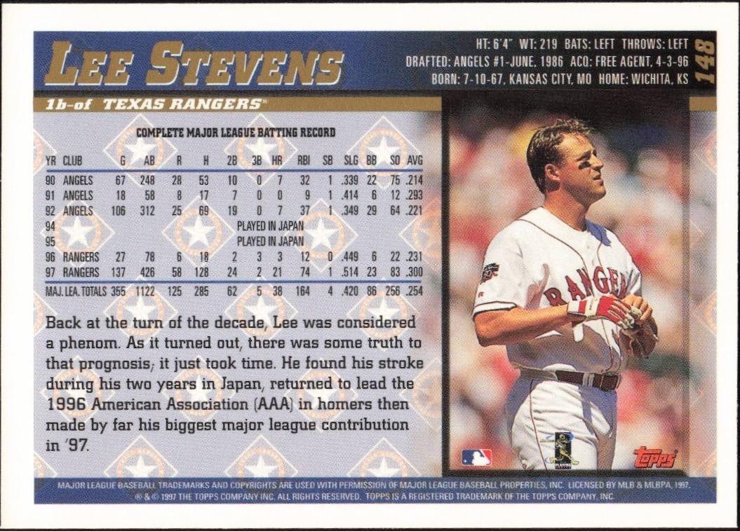 1998 Topps Lee Stevens #148 baseball trading card back