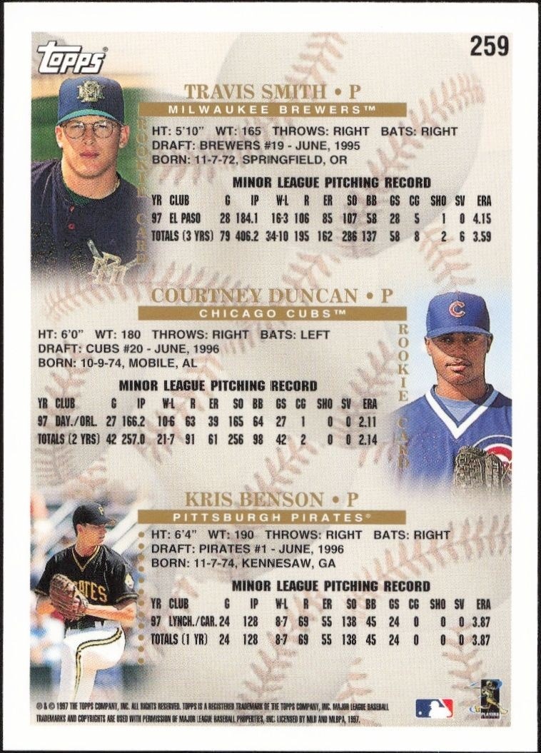 1998 Topps Travis Smith #259 baseball trading card back
