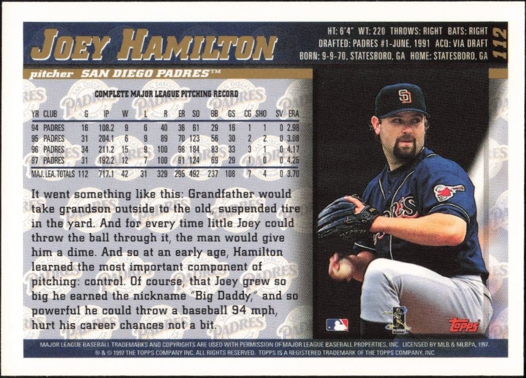 1998 Topps Joey Hamilton #112 baseball trading card back