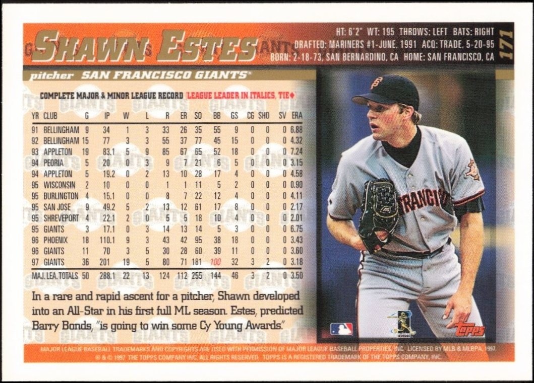 1998 Topps Shawn Estes #171 baseball trading card back