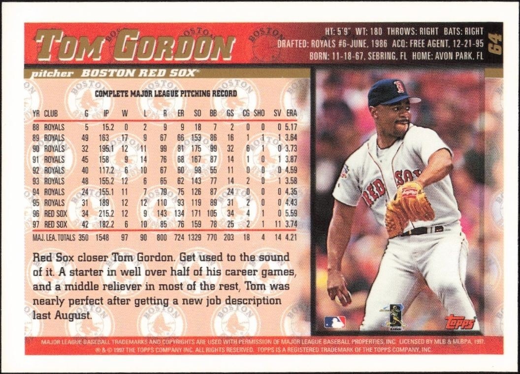 1998 Topps Tom Gordon #64 baseball trading card back