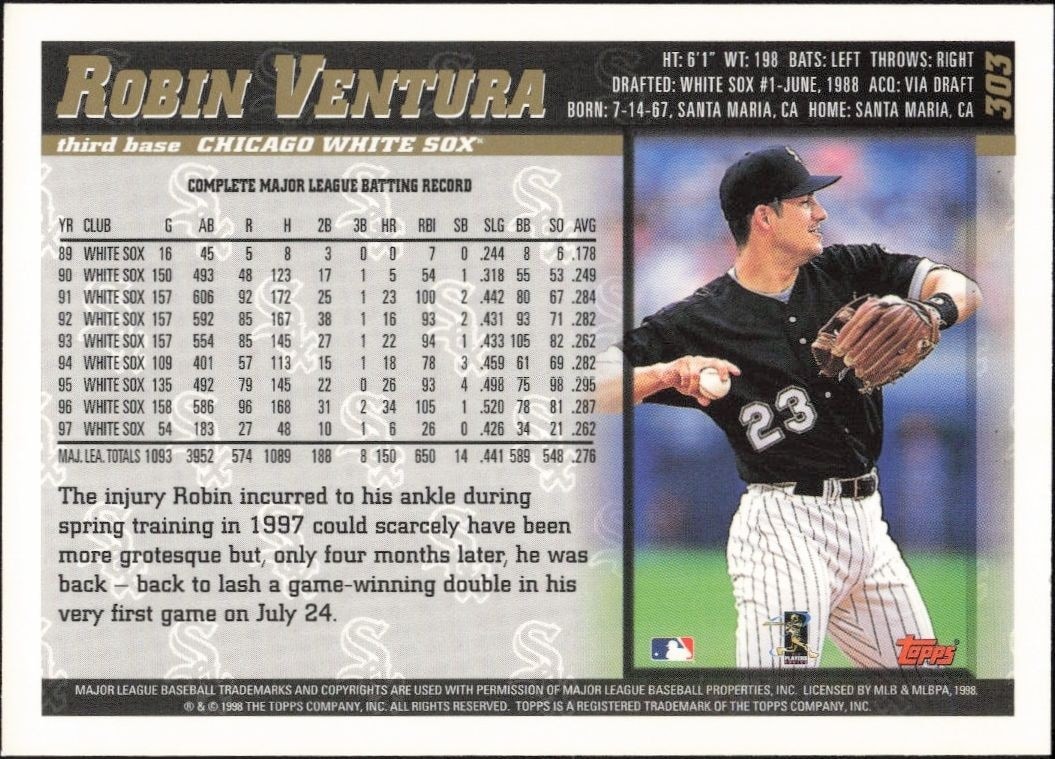 1998 Topps Robin Ventura #303 baseball trading card back