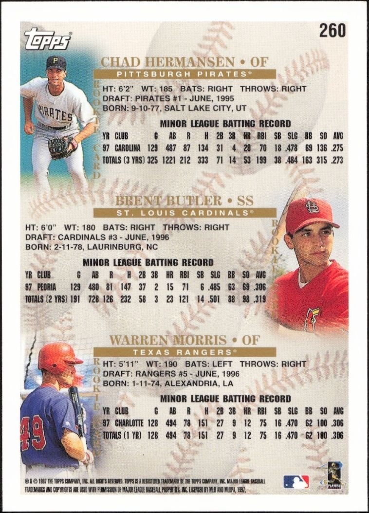 1998 Topps Chad Hermansen #260 baseball trading card back
