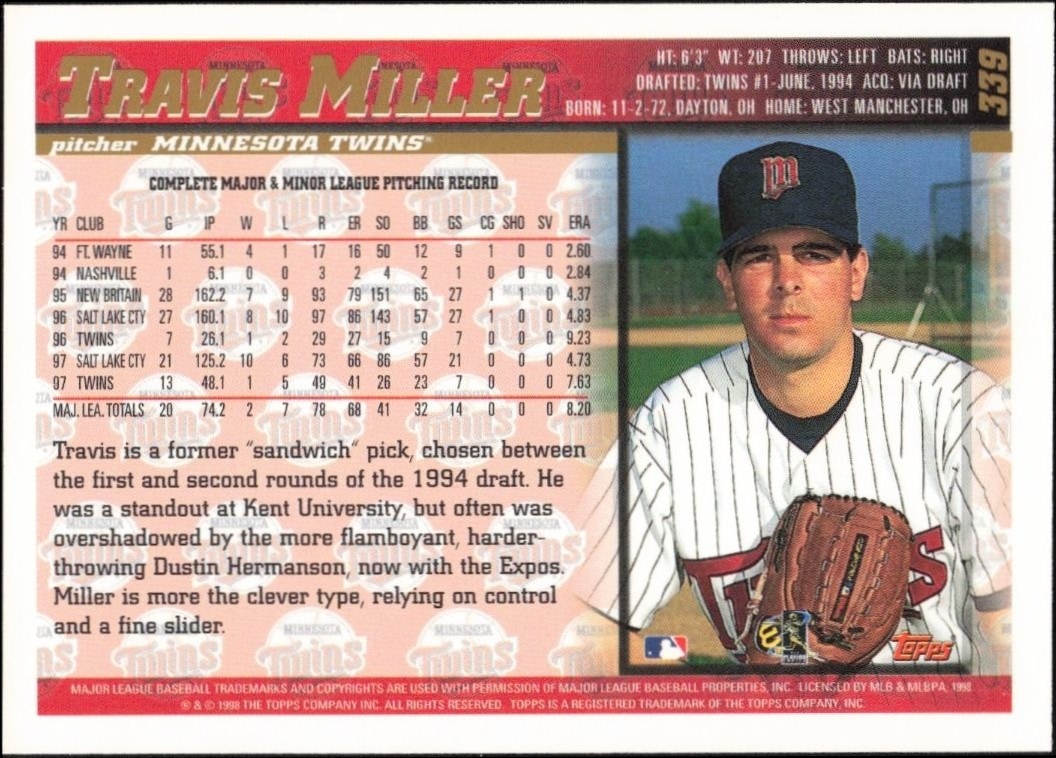 1998 Topps Travis Miller #339 baseball trading card back