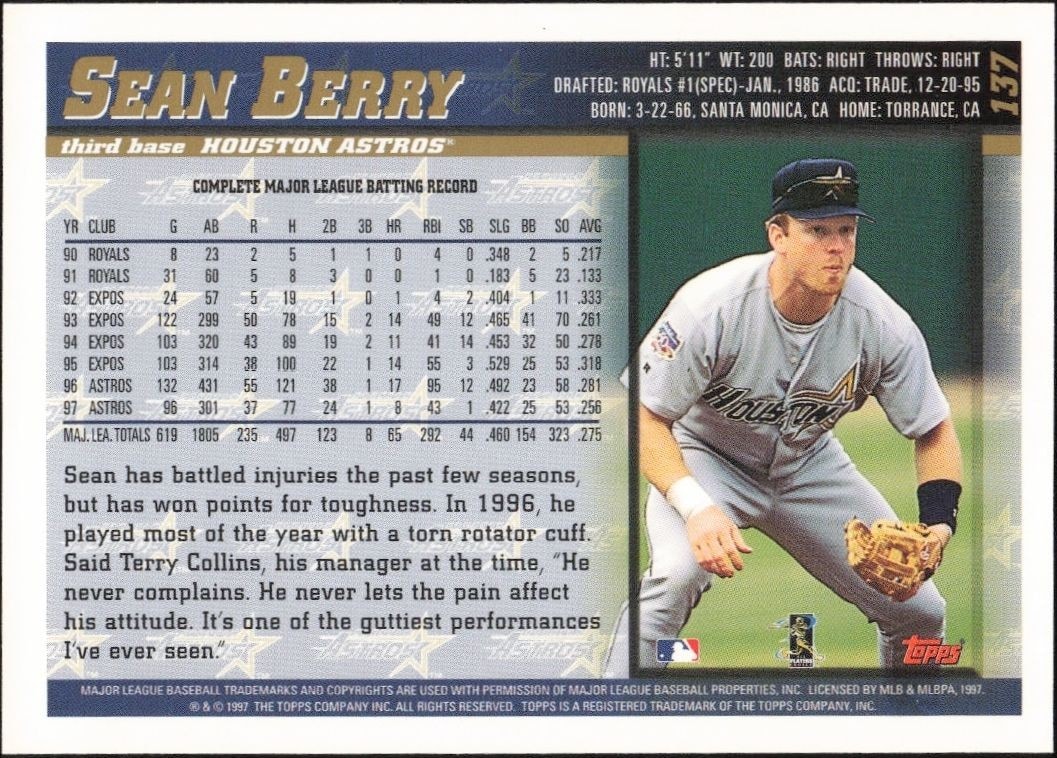 1998 Topps Sean Berry #137 baseball trading card back
