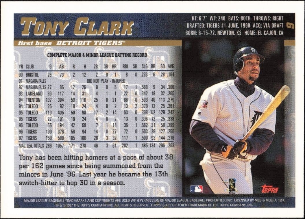 1998 Topps Tony Clark #9 baseball trading card back