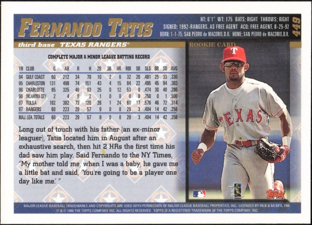 1998 Topps Fernando Tatis #449 baseball trading card back